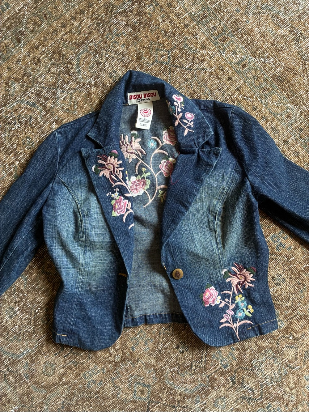 Bisou Bisou Blue Denim Blazer with Pink Floral Embroidery
